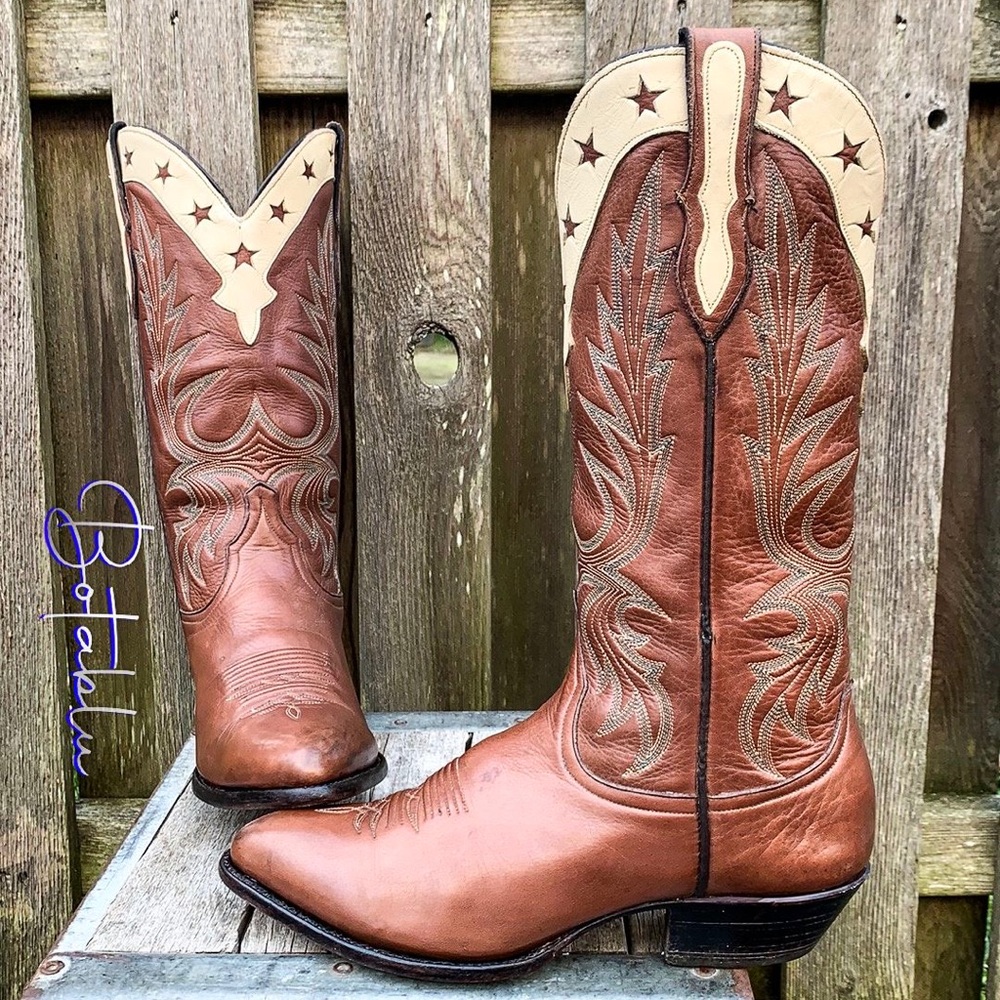 LARRY MAHAN Vintage Star Inlay Tall Mid-Calf Brown Leather Cowgirl Western Boots - Picture 2 of 13